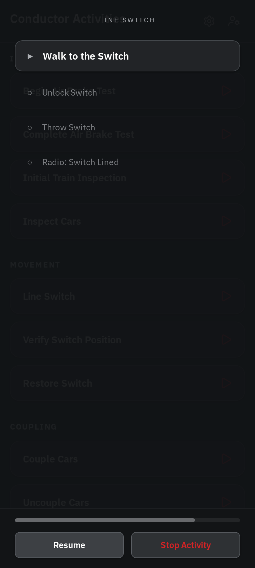 A paused Activity showing Resume and Stop Activity
