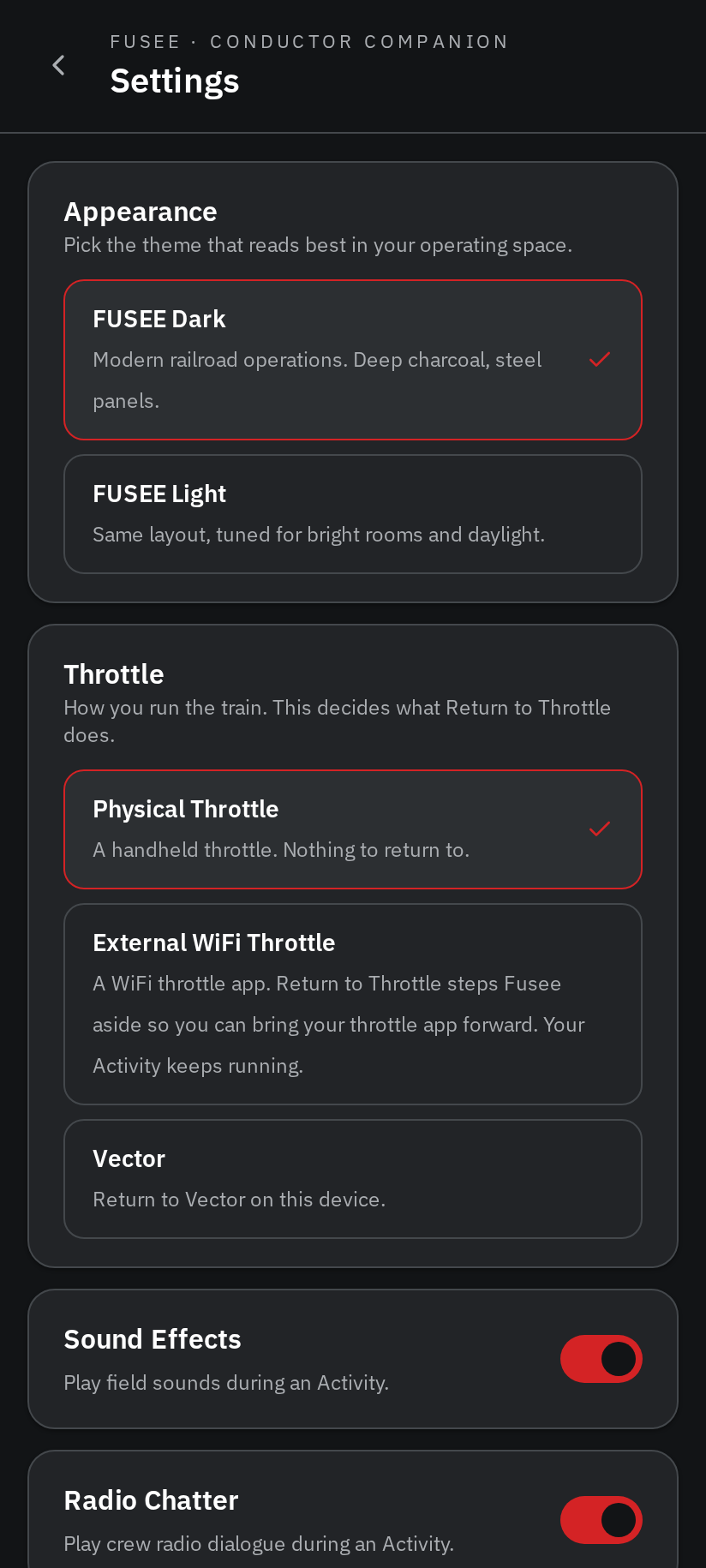 The Settings screen: Appearance, Throttle, Sound Effects and Radio Chatter