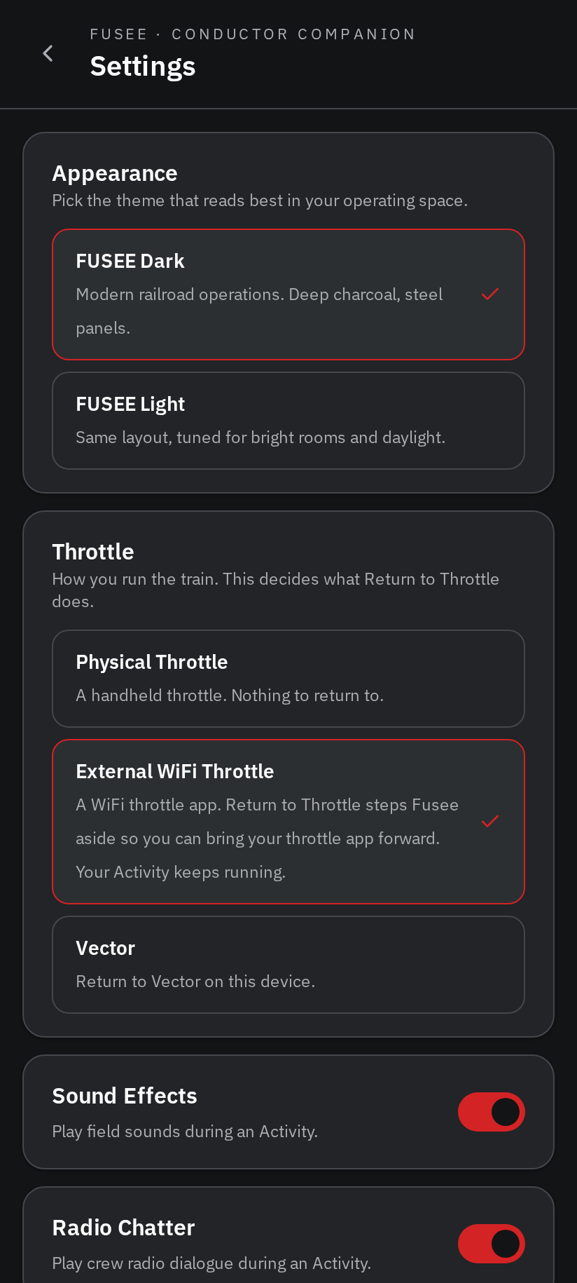 Settings with External WiFi Throttle selected