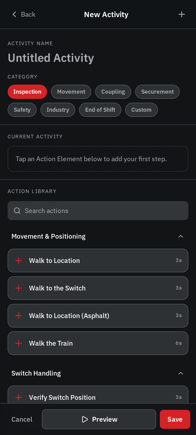 The Activity Builder with name and category fields