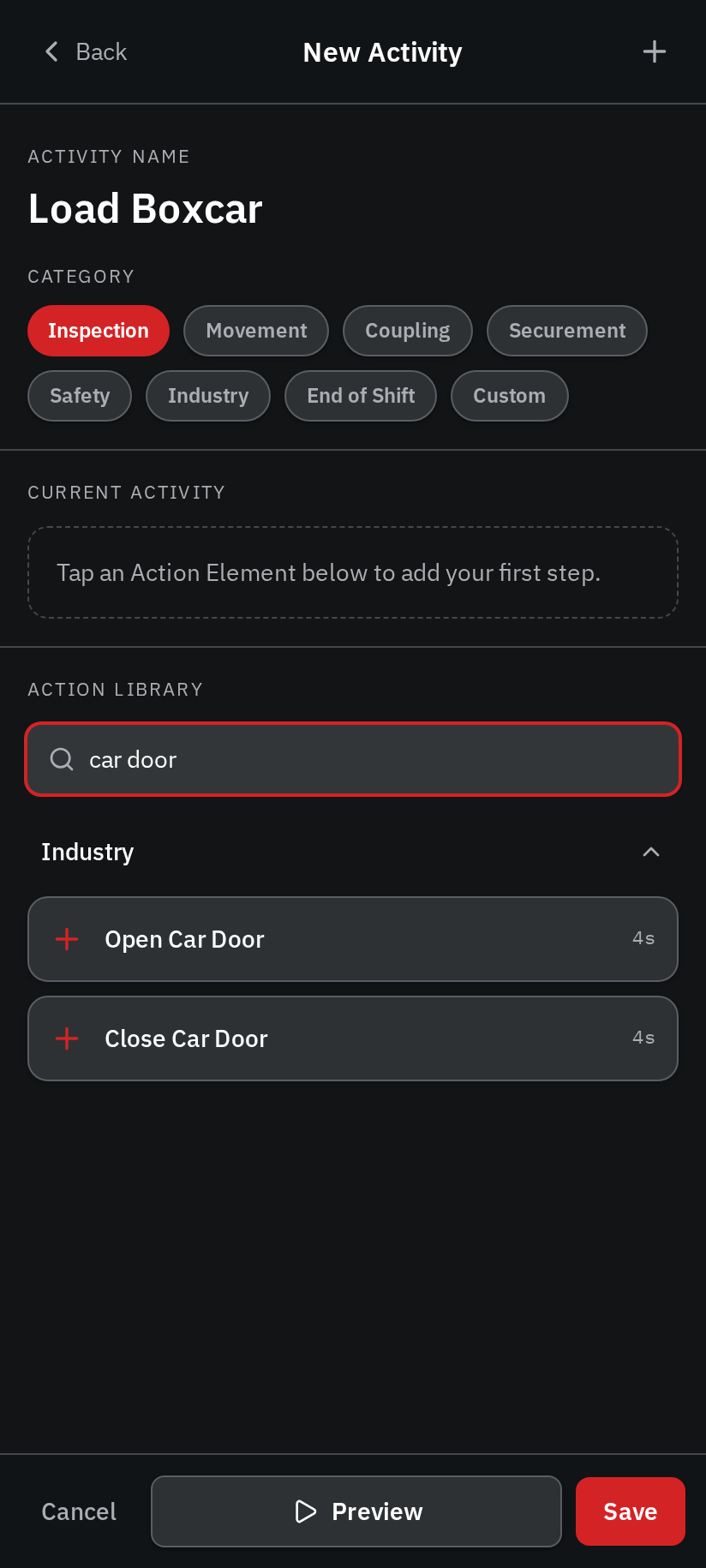 The Action Library with its search field