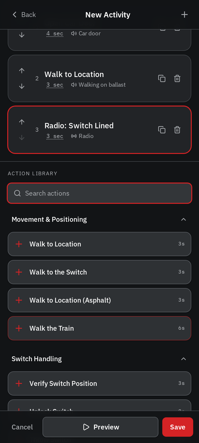 Activity steps, each with move, duplicate and delete controls