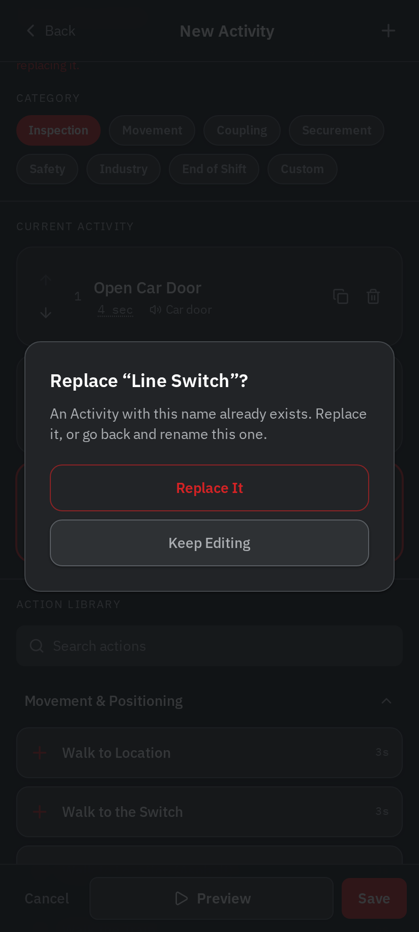 Dialog asking before replacing an Activity with the same name