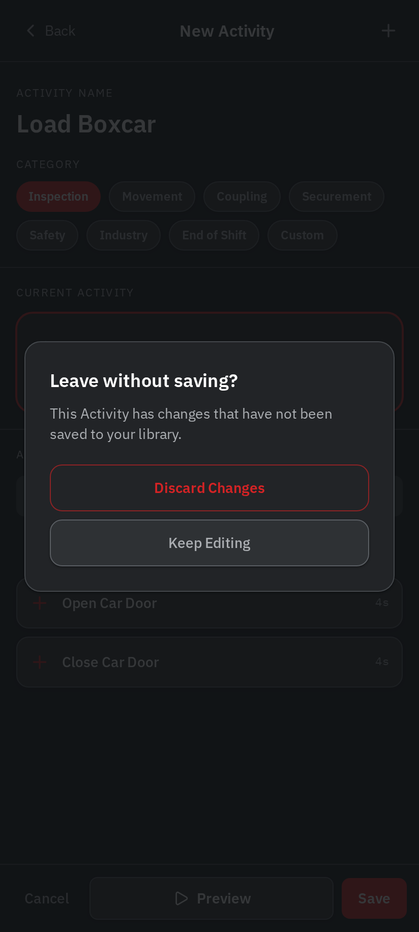 Dialog offering Discard Changes or Keep Editing