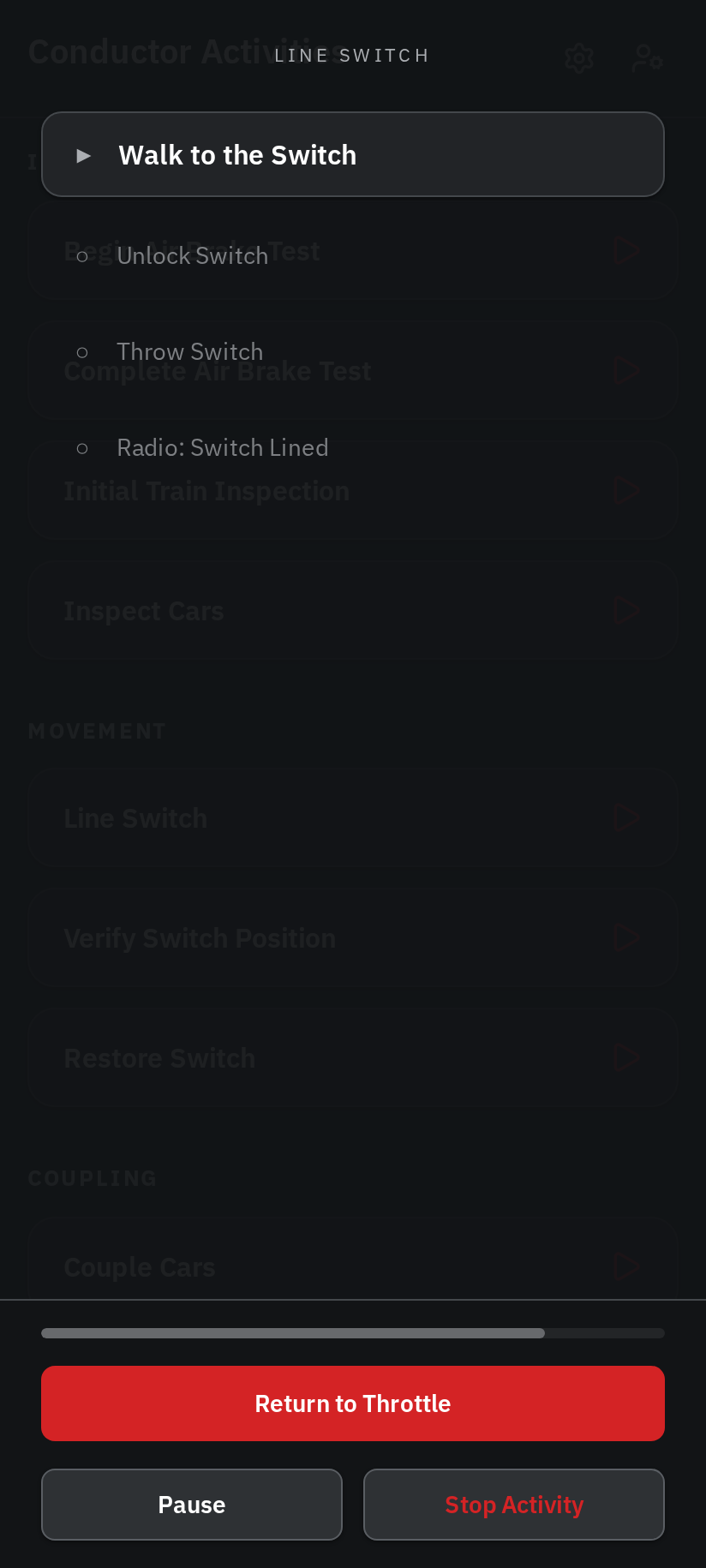 A running Activity with the Return to Throttle button