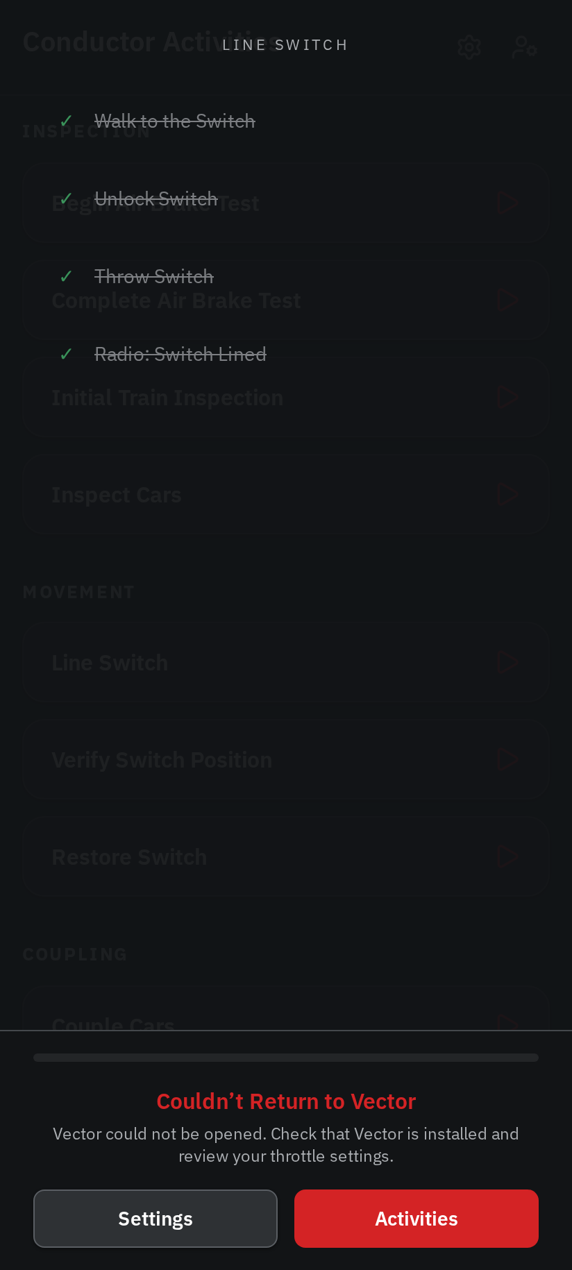 The Couldn't Return to Vector notice with Settings and Activities buttons