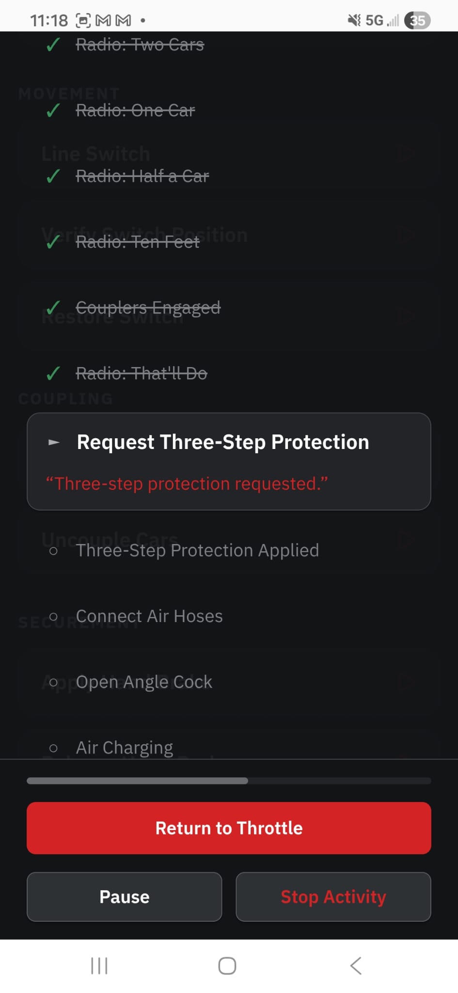 A Couple Cars activity mid-move, requesting three-step protection
