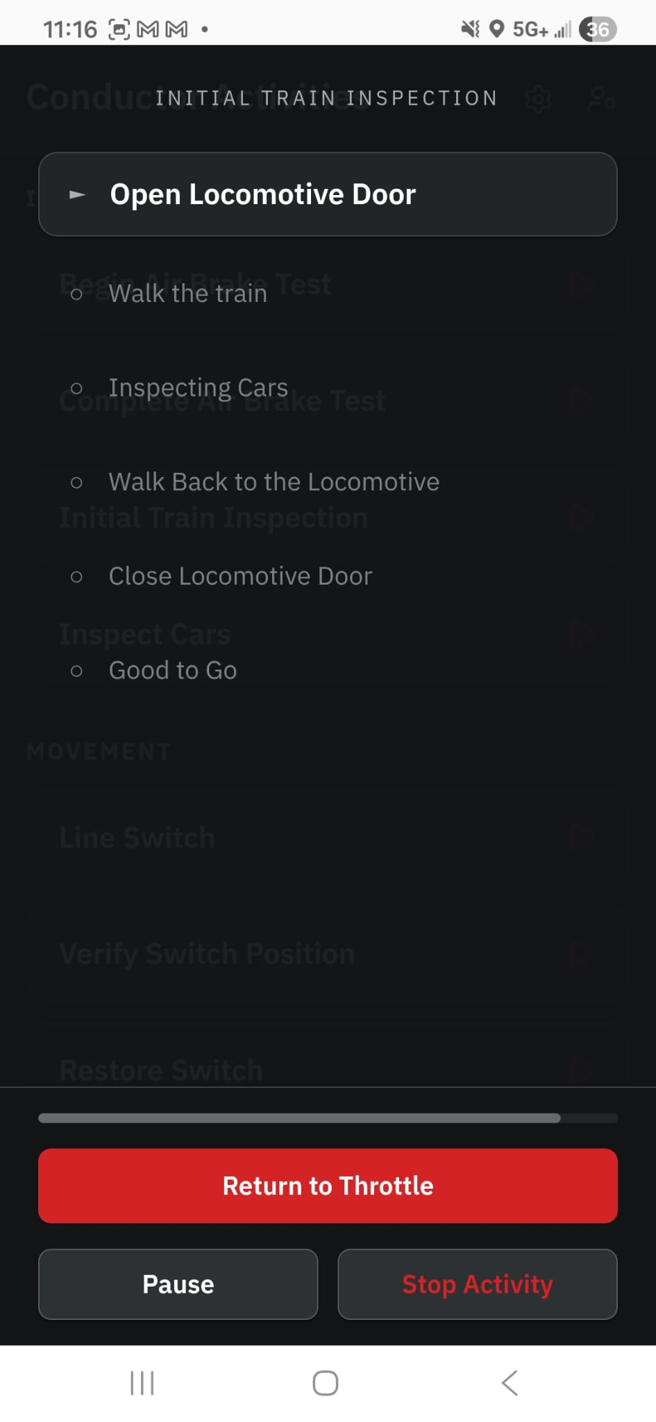 An Initial Train Inspection activity running, step by step
