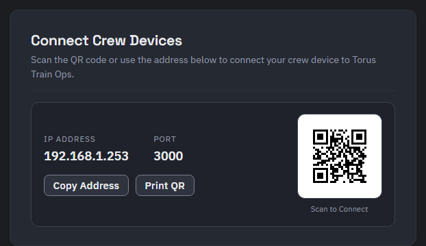 The Connect Crew Devices card showing the IP address, port, Copy Address and Print QR buttons, and a QR code