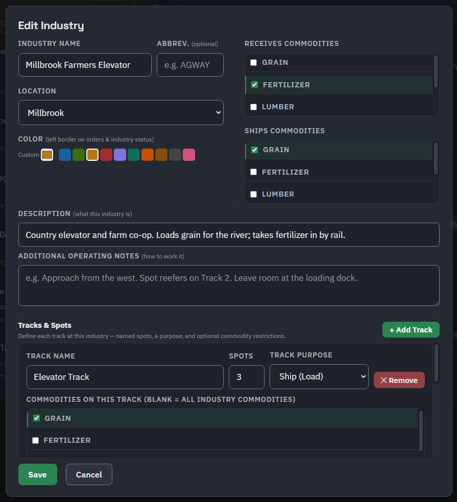 The Edit Industry form for Millbrook Farmers Elevator: name, location, colour, received and shipped commodities, description, and the Tracks and Spots list with the Elevator Track set to three spots and Ship (Load)
