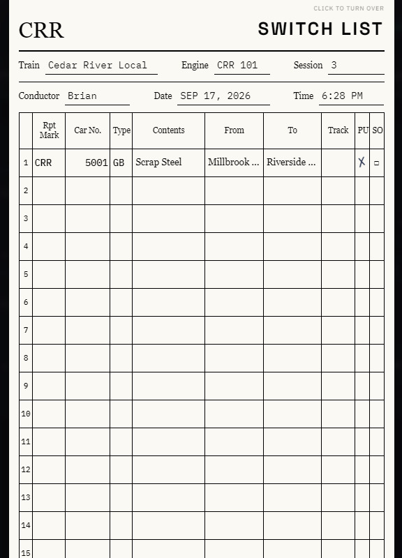 The Paper Switch List for the Cedar River Local: a ruled form with train, engine, session, conductor, date and time, and one car listed