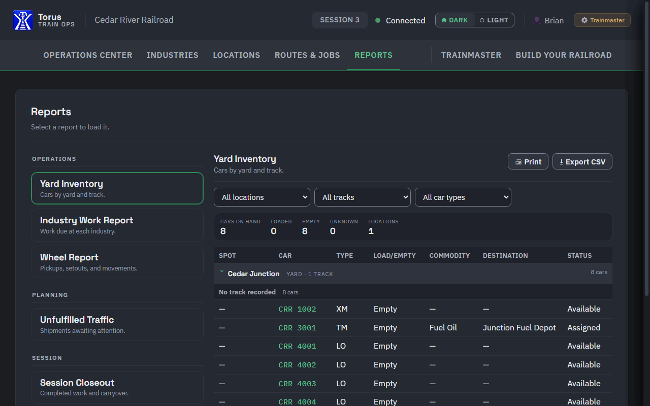The Reports page with Yard Inventory open: filters for location, track and car type, totals, the car list, and Print and Export CSV buttons