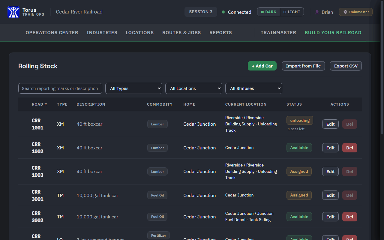 The Rolling Stock page on a desktop with Add Car, Import from File and Export CSV buttons above the roster