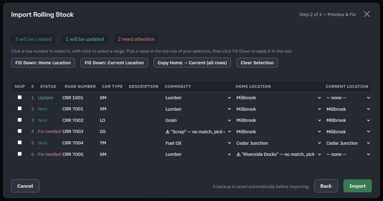 The import preview: counts of rows to create, update and fix; rows marked Update, New and Fix needed, one with a commodity that matched nothing