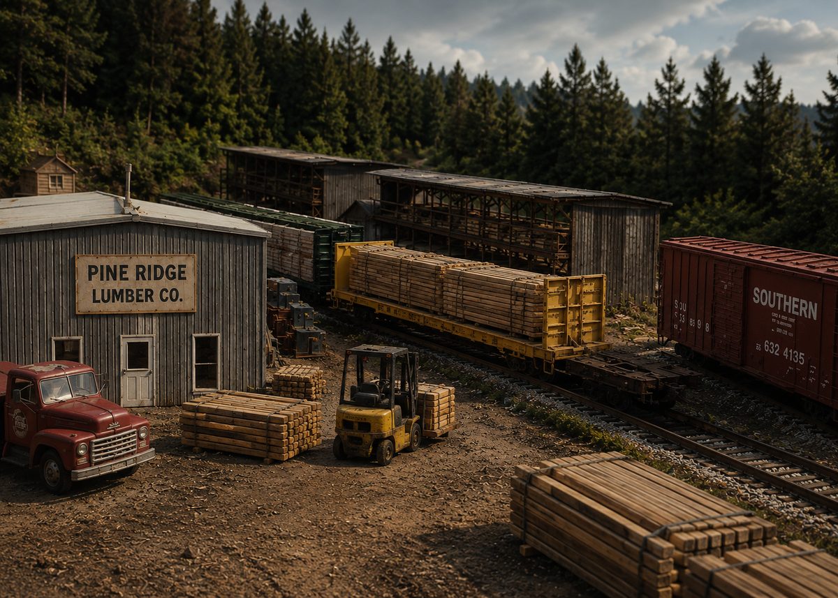 A model railroad lumber yard: a flatcar loaded with lumber and a Southern boxcar spotted at Pine Ridge Lumber Co., with a forklift and stacked lumber in the yard