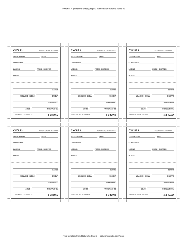 Six blank four-cycle waybills on one sheet, each with cycle 1 at the top and cycle 2 upside down at the bottom