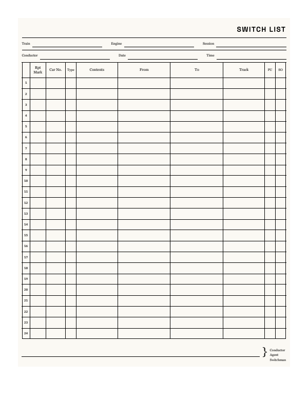 A blank Modern style switch list: train, engine, session, conductor, date and time, then 24 numbered lines with columns for reporting mark, car number, type, contents, from, to, track, pick up and set out
