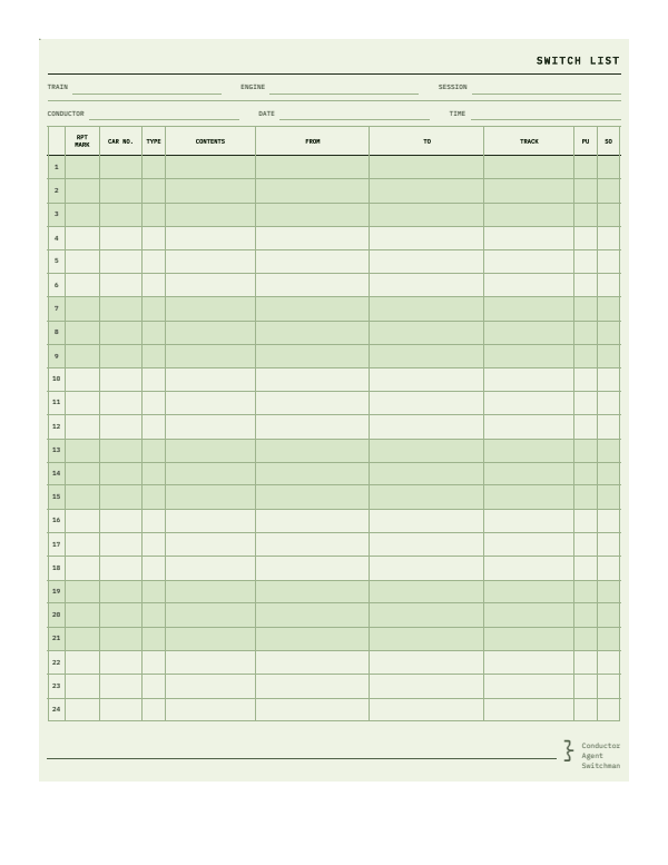 A blank Office Printout style switch list on green-bar computer paper, with 24 numbered lines in bands of green