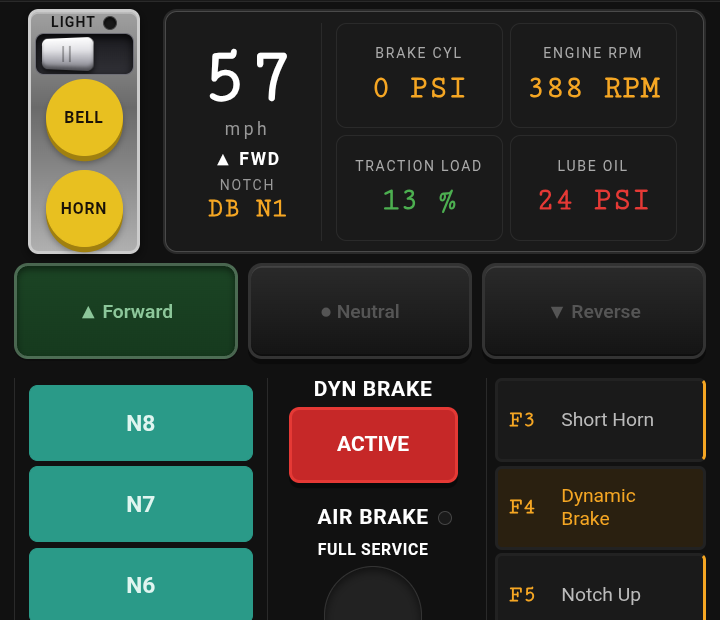 Figure 17.3 — Dynamic brake ACTIVE: the stand turns teal and the readout reads DB N1.