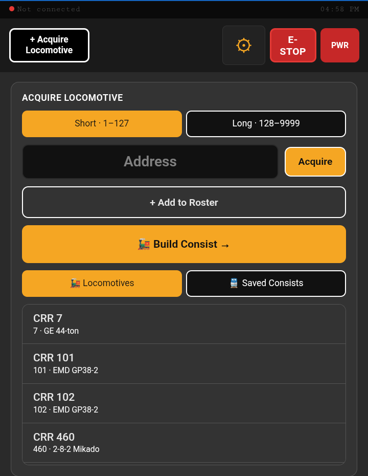 Figure 5.1 — The acquire panel: type an address, or tap a locomotive from your roster.